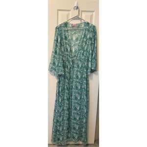 Green and white floral print swimsuit coverup